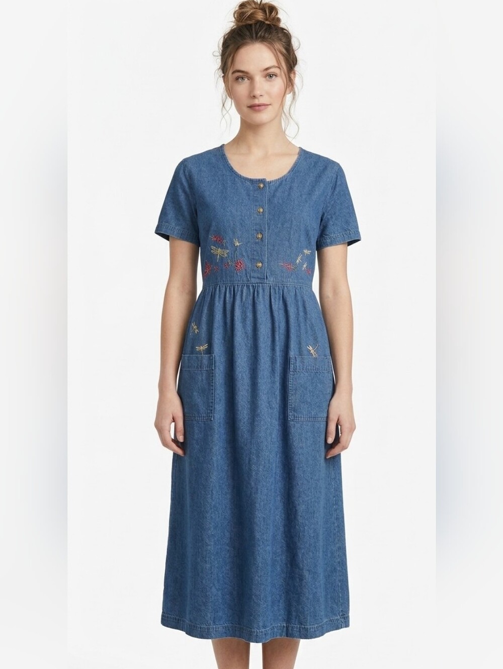 Olivia Rose Denim Embroidered Midi Dress - Blue 8 Petite